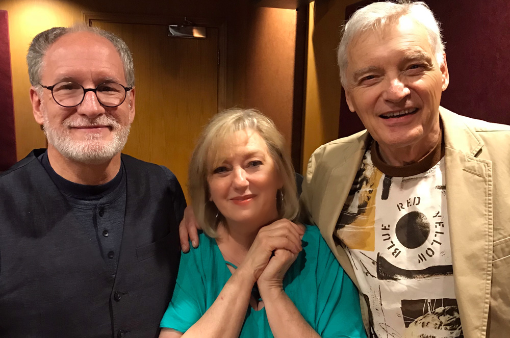 Paul McCusker (left) with host Chris Anthony and David Selby (voice of Mr. Skint) at the recording of "The Long End," May 2018